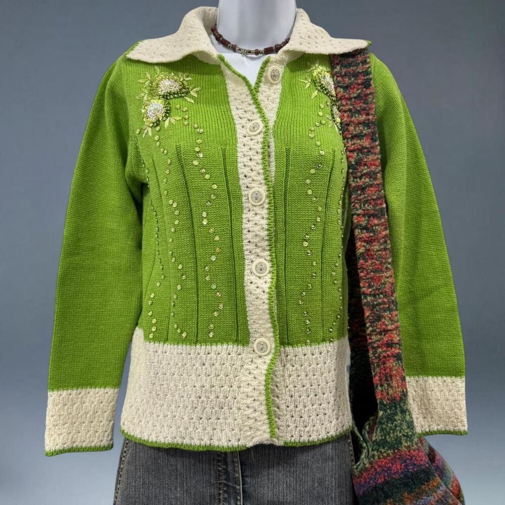 Cool Ice Style to Wear Y2K Green Sequin Floral Cardigan Button Up Sweater Retro